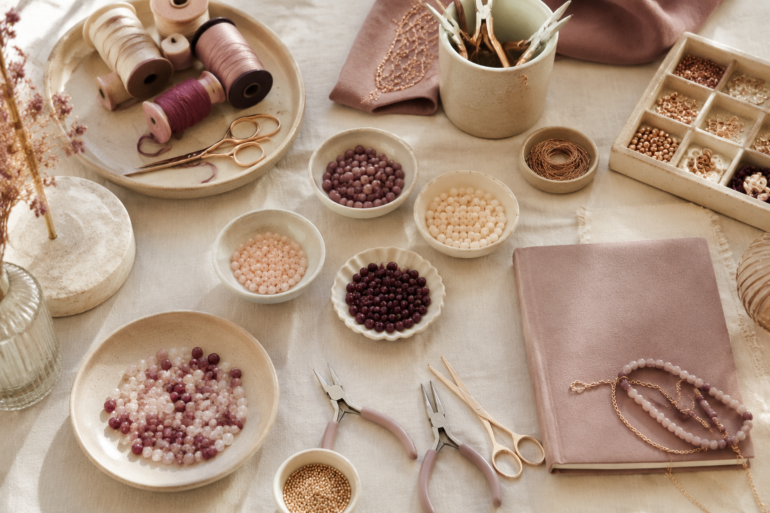 A calm beading studio workbench with beads sorted into dishes